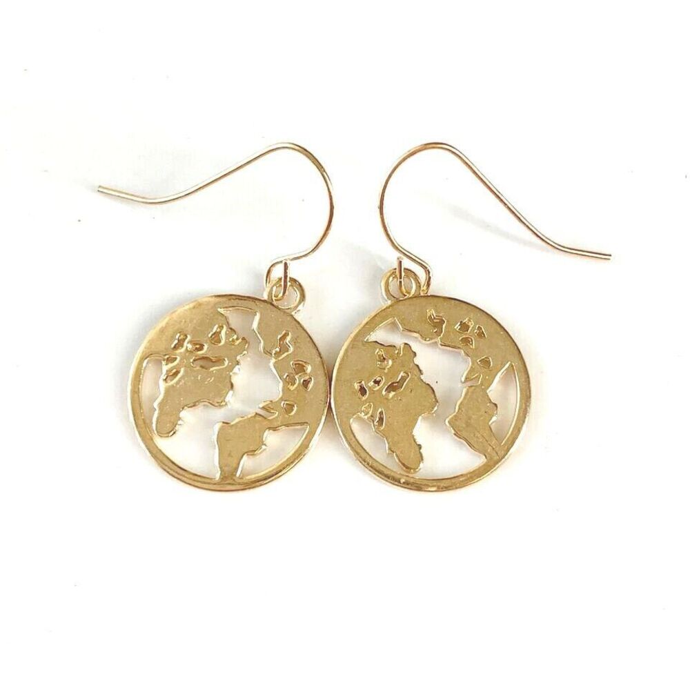World Map Globe Earrings NEW Gold Tone French Hook Dangle Silver Available